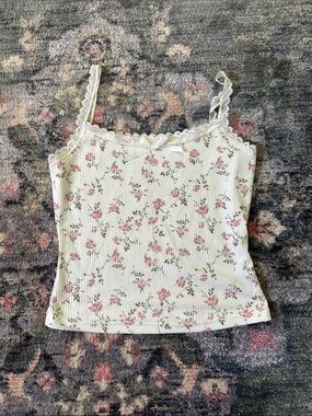 Women's Floral Lace-Trim Cami Tank Top - White & Pink - SHEIN Small - Like New!
